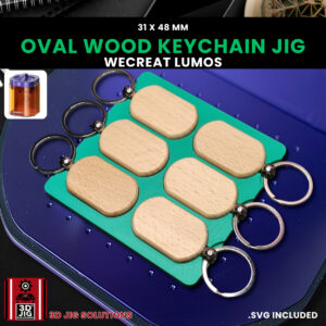 A top-down view of the WeCreat Lumos oval keychain jig holding six oval wood keychains.