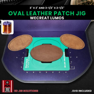 A top-down view of the WeCreat Lumos oval hat patch jig holding both 3-inch and 3.5-inch oval leatherette patches.