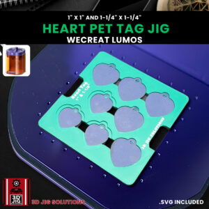 A top-down view of the WeCreat Lumos heart pet tag jig holding several heart-shaped pet tags.