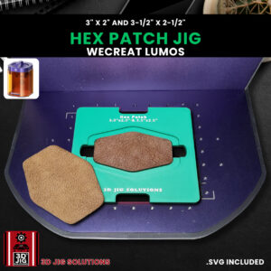 A top-down view of the WeCreat Lumos hex hat patch jig holding both 3-inch and 3.5-inch hexagonal leatherette patches.