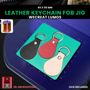 A top-down view of the WeCreat Lumos leather keychain jig holding several PU leather fobs.