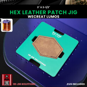 A top-down view of the WeCreat Lumos hex hat patch jig holding several 3x2.5-inch hexagonal leatherette patches.