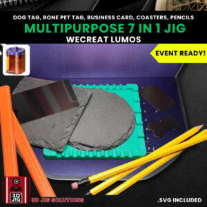 A top-down view of the WeCreat Lumos 7-in-1 jig holding a variety of items, including a dog tag, metal card, and pencil.