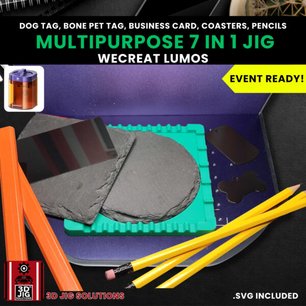 A top-down view of the WeCreat Lumos 7-in-1 jig holding a variety of items, including a dog tag, metal card, and pencil.