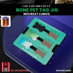 A top-down view of the WeCreat Lumos bone pet tag jig holding six tags in two different sizes.