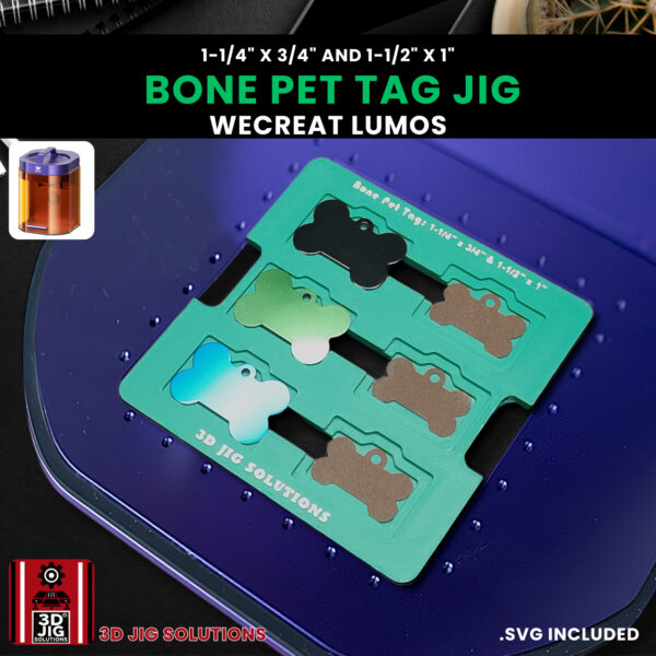 A top-down view of the WeCreat Lumos bone pet tag jig holding six tags in two different sizes.