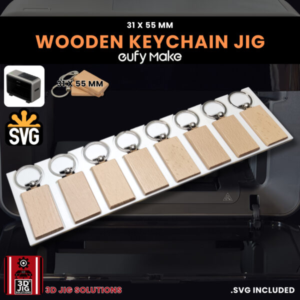 A top-down view of the EufyMake E1 keychain jig holding 10 blank wood keychains.