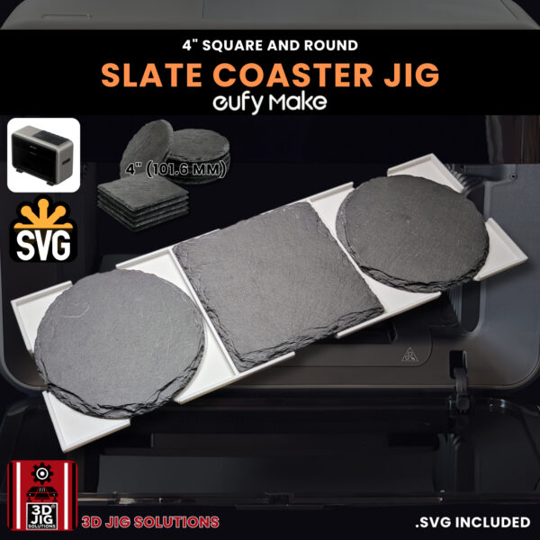 A top-down view of the EufyMake E1 slate coaster jig holding both a round and a square coaster.