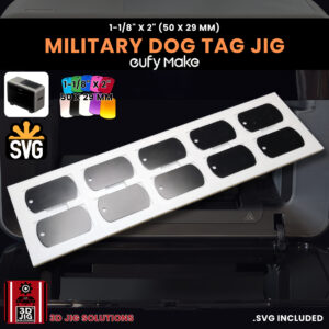A top-down view of the EufyMake E1 military dog tag jig holding multiple blank dog tags.
