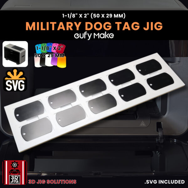 A top-down view of the EufyMake E1 military dog tag jig holding multiple blank dog tags.