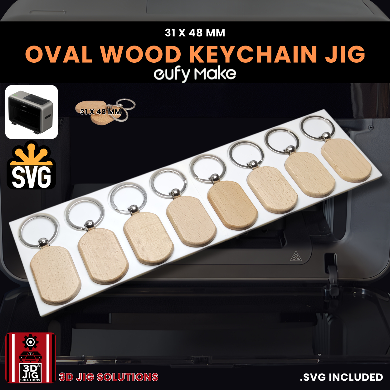 A top-down view of the EufyMake E1 oval wood keychain jig holding multiple blank keychains.