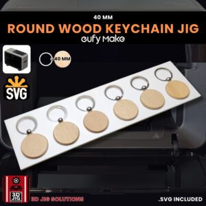 A top-down view of the EufyMake E1 round wood keychain jig holding multiple blank round keychains.