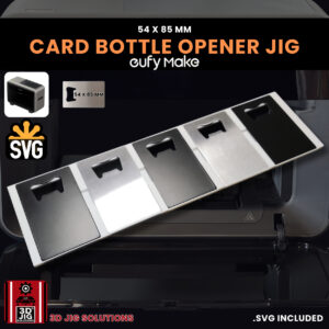 A top-down view of the EufyMake E1 credit card bottle opener jig holding multiple blank metal cards.