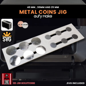 A top-down view of the EufyMake E1 metal coin jig holding multiple blank coins in three different sizes.