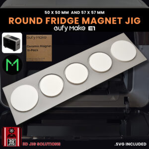 A top-down view of the EufyMake E1 round fridge magnet jig holding multiple blank round magnets.