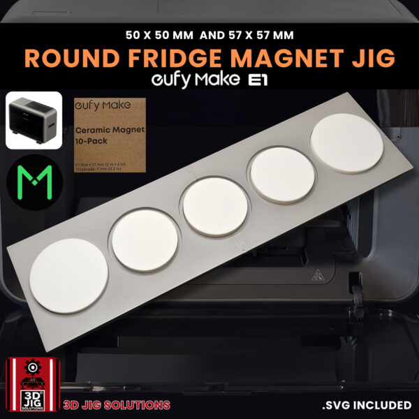 A top-down view of the EufyMake E1 round fridge magnet jig holding multiple blank round magnets.