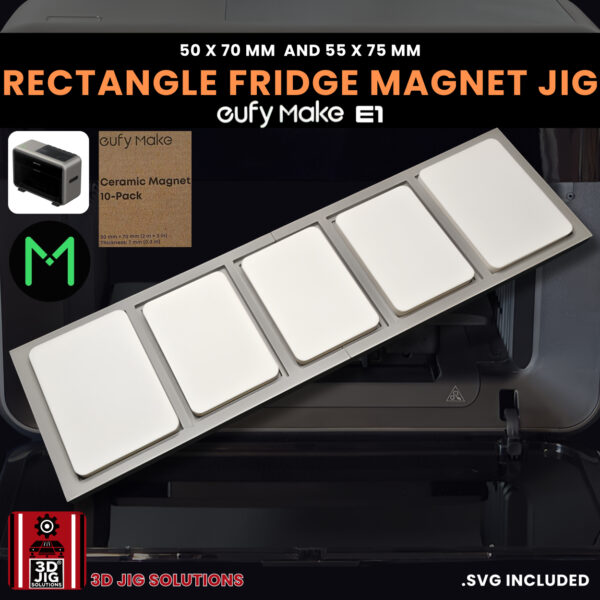 A top-down view of the EufyMake E1 fridge magnet jig holding multiple blank rectangle magnets.