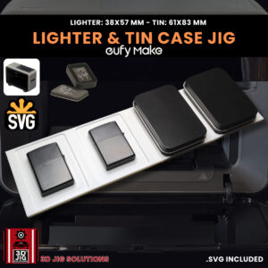 A top-down view of the EufyMake E1 flip top lighter jig holding multiple blank lighters and tin cases.