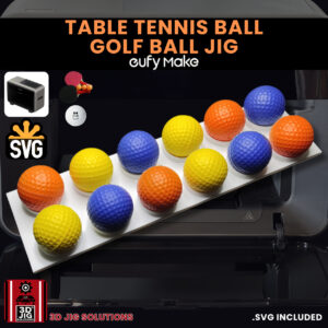 A top-down view of the EufyMake E1 golf ball jig holding multiple blank golf balls and ping pong balls.