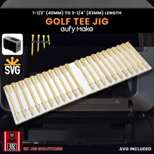 A top-down view of the EufyMake E1 golf tee jig holding a variety of blank golf tees of different lengths.