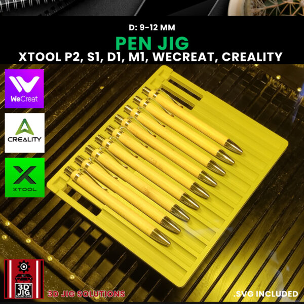 A top-down view of the Diode and CO2 pen jig holding several pens of different diameters.