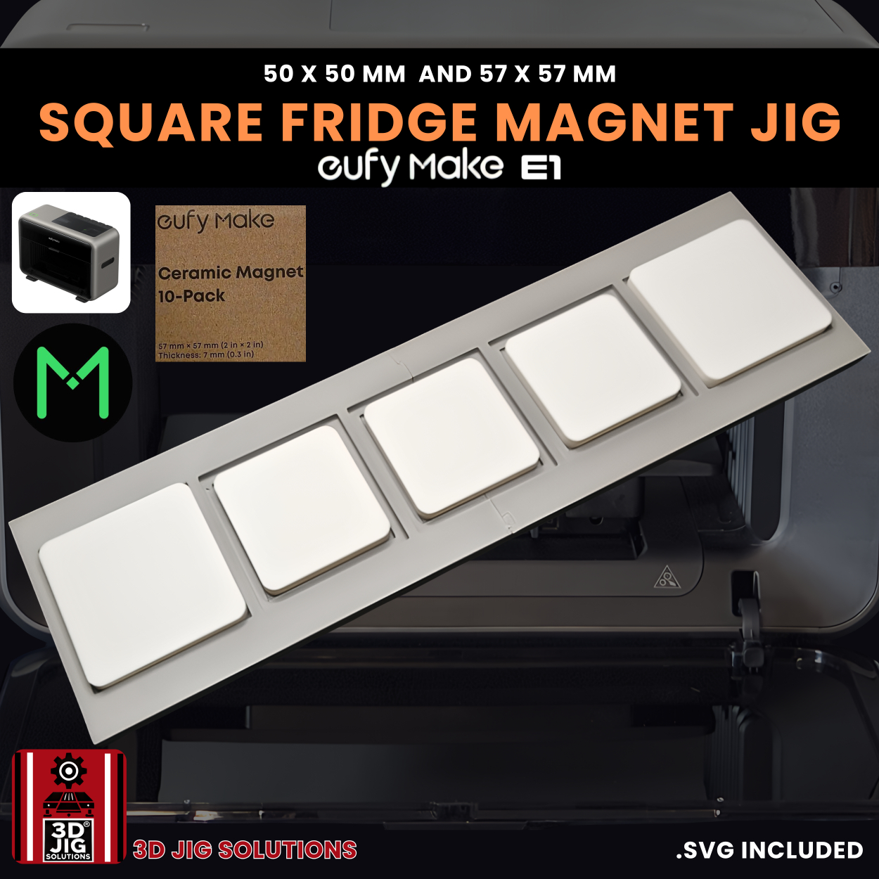 A top-down view of the EufyMake E1 square fridge magnet jig holding multiple blank square magnets.