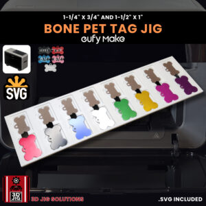 A top-down view of the EufyMake E1 bone pet tag jig holding blank tags in both sizes.