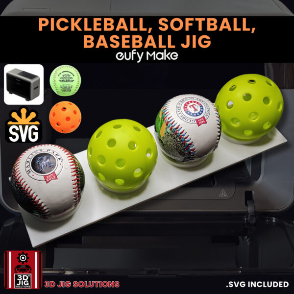 A top-down view of the EufyMake E1 baseball UV printer jig holding a baseball, softball, and pickleball.