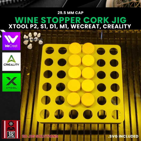 A top-down view of the wine cork laser engraving jig holding multiple bottle stoppers with wood and plastic caps.