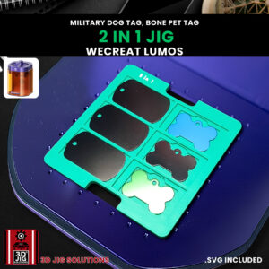 A top-down view of the WeCreat Lumos 2-in-1 jig holding six military dog tags and six bone-shaped pet tags.