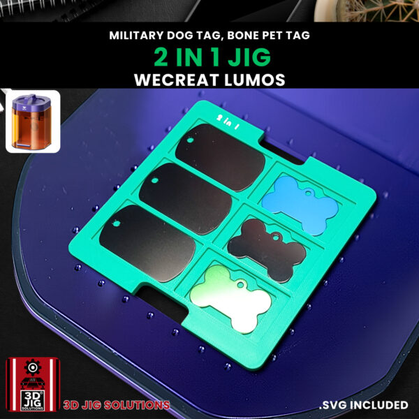 A top-down view of the WeCreat Lumos 2-in-1 jig holding six military dog tags and six bone-shaped pet tags.