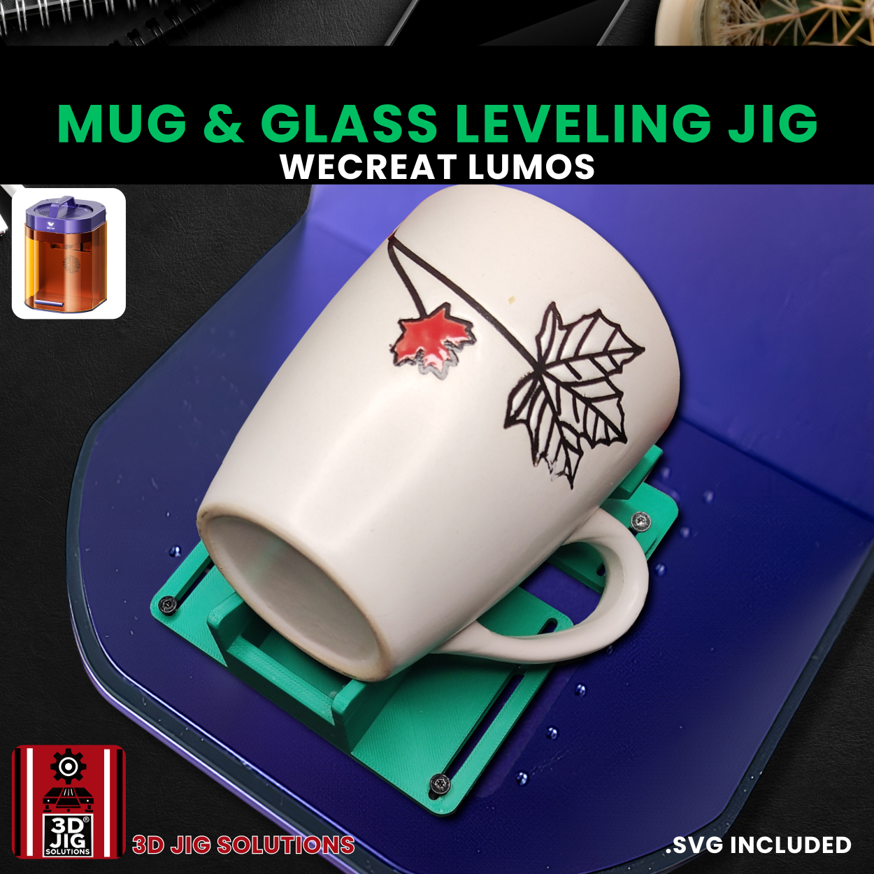 A top-down view of the WeCreat Lumos Mug and Glass Leveling Jig holding a coffee mug.