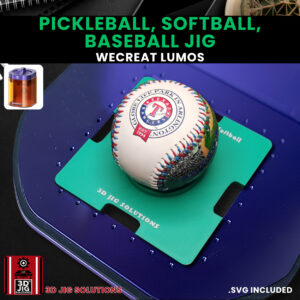 A top-down view of the WeCreat Lumos sports ball jig holding a baseball.
