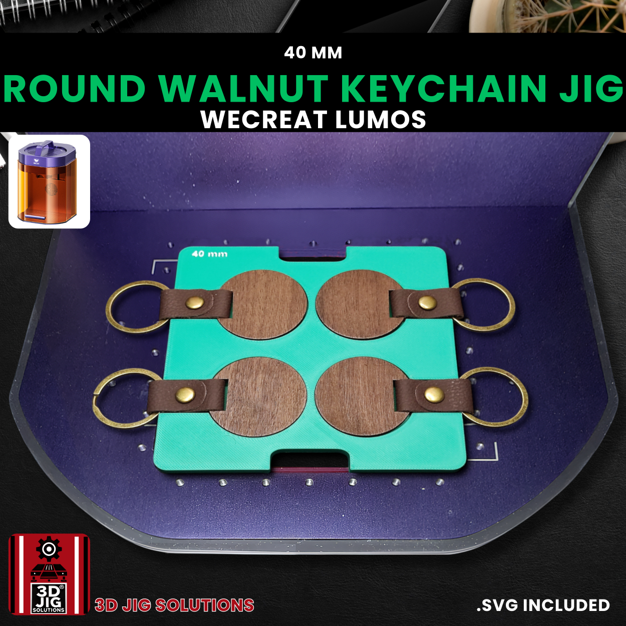 A side view of the 3D-printed jig, showcasing its custom design for round keychains.