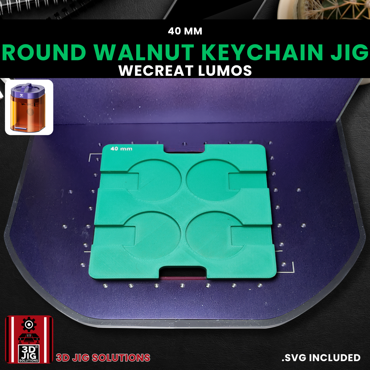 An overhead view of the WeCreat Lumos actively engraving keychains held by the jig.