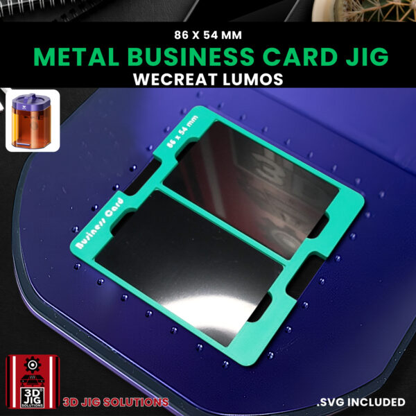 A top-down view of the WeCreat Lumos business card jig holding two blank metal business cards.