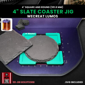 A top-down view of the WeCreat Lumos slate coaster jig holding several round and square coasters.