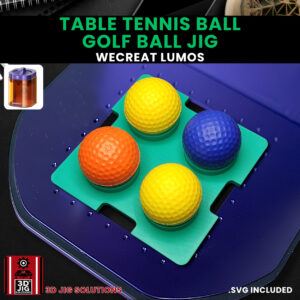 A top-down view of the WeCreat Lumos golf ball jig holding a golf ball and a ping pong ball.