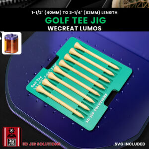 A top-down view of the WeCreat Lumos golf tee jig holding several different sized golf tees.