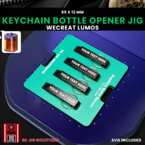 A top-down view of the WeCreat Lumos bottle opener jig holding four aluminum keychains.