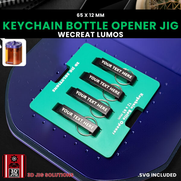 A top-down view of the WeCreat Lumos bottle opener jig holding four aluminum keychains.