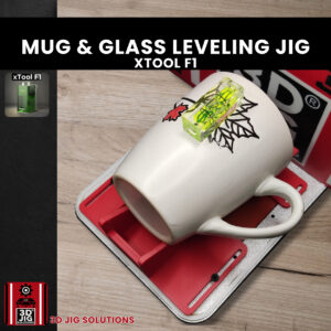 A top-down view of the xTool F1 Mug and Glass Leveling Jig holding a coffee mug.