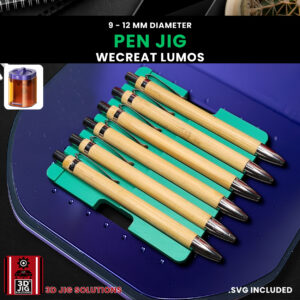 A top-down view of the WeCreat Lumos pen jig holding several bamboo pens.