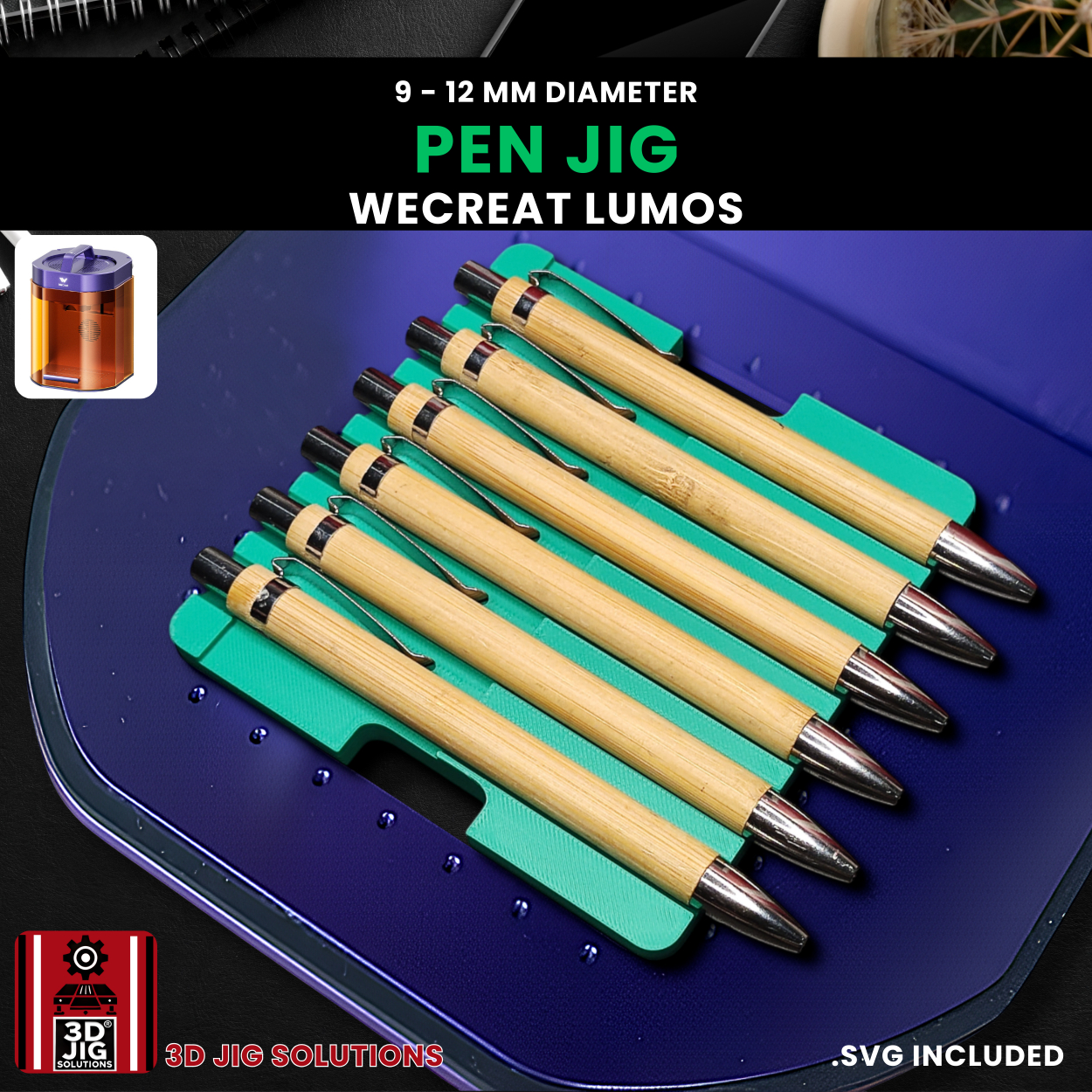 A top-down view of the WeCreat Lumos pen jig holding several bamboo pens.