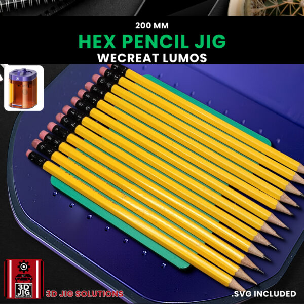 A top-down view of the WeCreat Lumos pencil jig holding several hexagon pencils, ready for engraving.