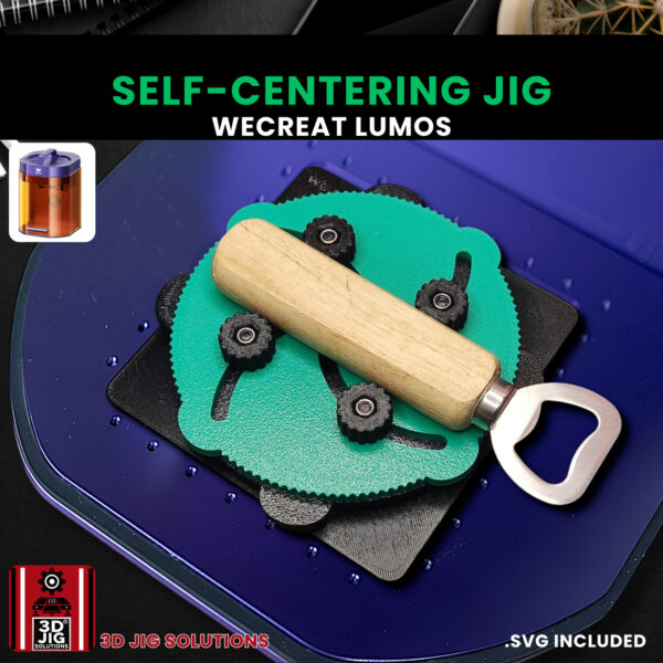 A top-down view of the WeCreat Lumos self-centering jig holding a small object.
