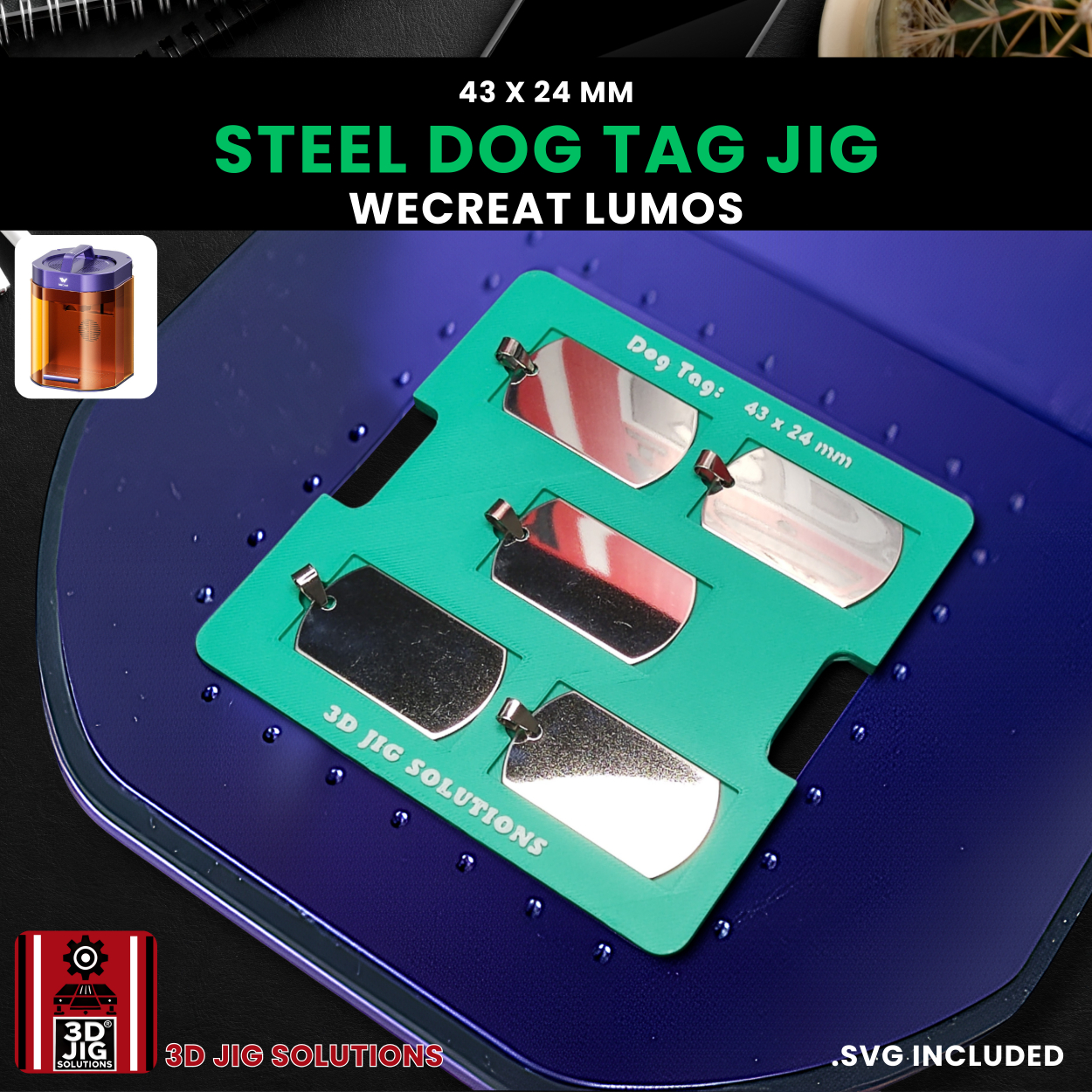 WeCreat Lumos military tag jig, WeCreat Lumos dog tag jig, stainless steel dog tags, 43x24mm dog tags, laser engraving jig, WeCreat accessory, custom dog tag, 3D printed, SVG files, laser alignment