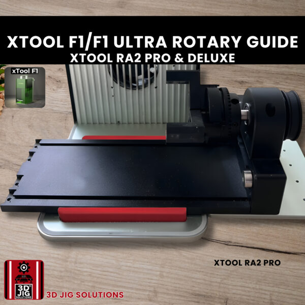 A top-down view of the xTool RA2 rotary jig placed inside an xTool F1 laser.
