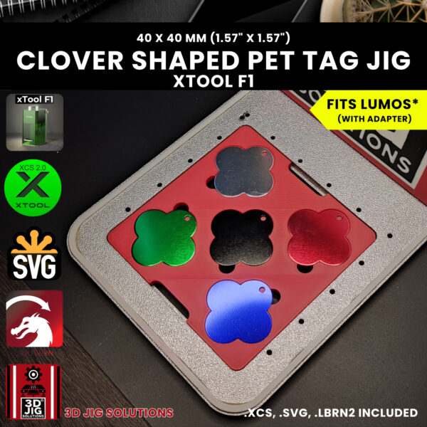 A top-down view of the xTool F1 Clover Pet Tag Laser Engraving Jig holding five blank clover-shaped metal tags.