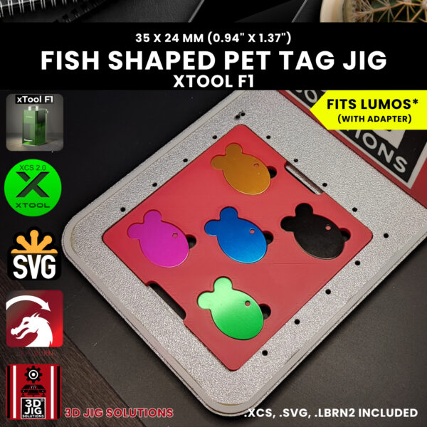 A top-down view of the xTool F1 Fish Pet Tag Laser Engraving Jig holding eight blank fish-shaped metal tags.